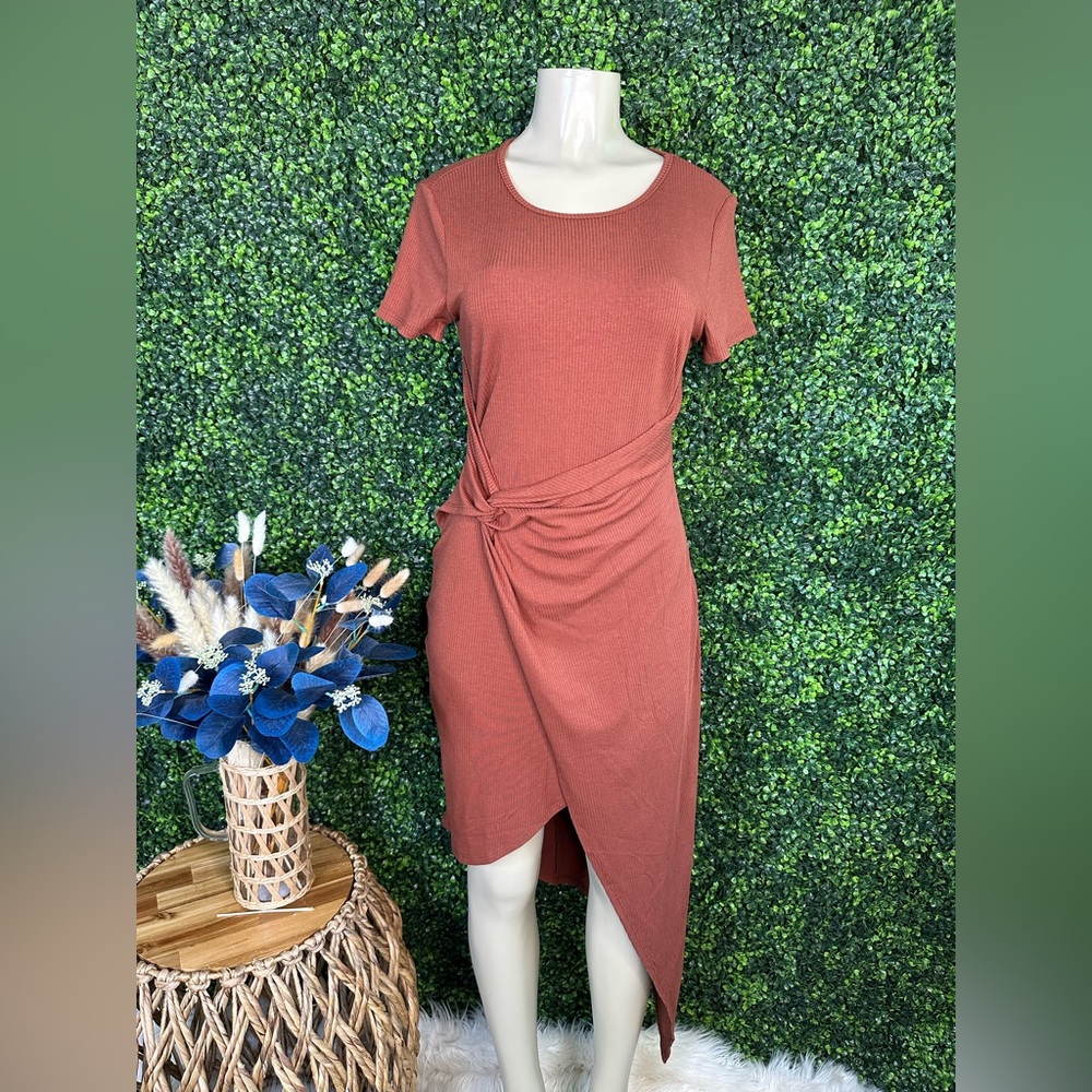 Nwt Chocolate brown ribbed asymmetrical faux Dress